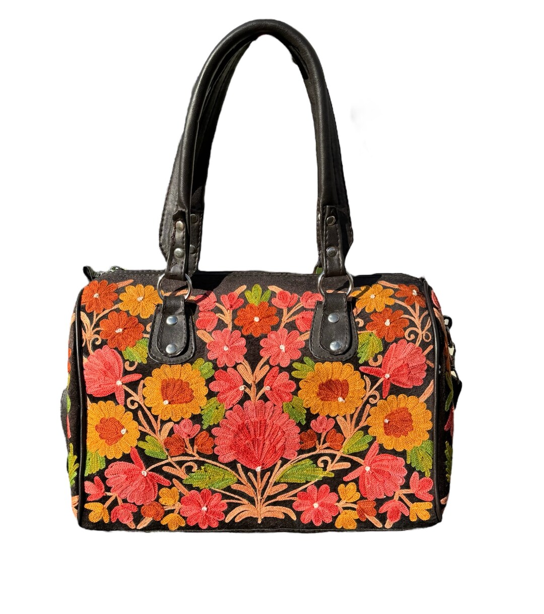 Kashmiri Embroidered Black Multi Color Large Sling Shoulder Faux Leather Handbag Etsy