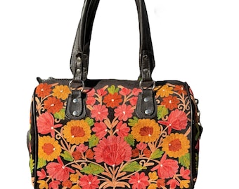 Kashmiri Embroidered Black Multi Color Large Sling Shoulder Faux Leather Handbag