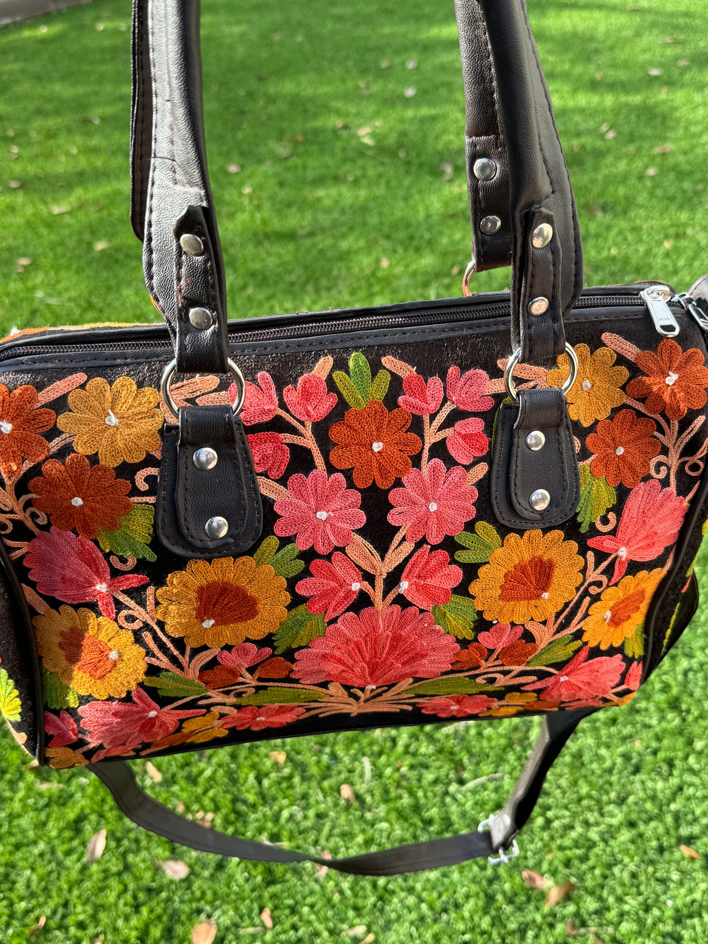Women Leather Bag With Strap With Gorgeous Kashmiri Embroidery - Black