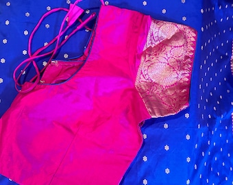 Blue Katan Silk Banarasi Sari: Pink Border, Stitched Blouse