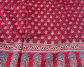 Red Floral Ajrakh Saree: Hand Block Print Cotton Sari with Blouse