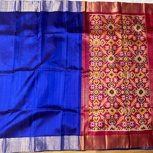 Pure Raw silk sari blue with red pallu Sari with unstitched blouse sari with Ikkat print pallu sari lightweight sari ready to ship, FL, USA