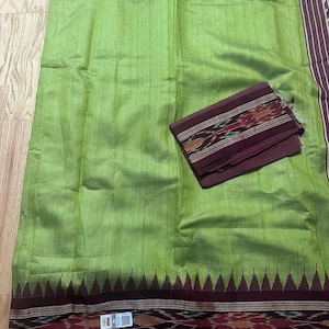Green Tusar Silk Saree with Brown Pallu & Unstitched Blouse