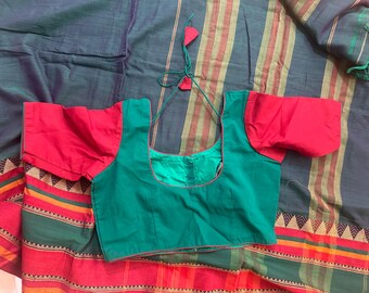 Handloom Narayanpet Cotton Sari: Green & Reddish Brown Border, Stitched Blouse