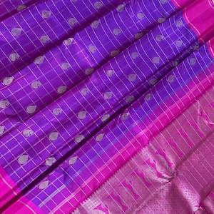 Purple Kanchi Silk Saree: Pink Dual Shade, Real Zari, Unstitched Blouse