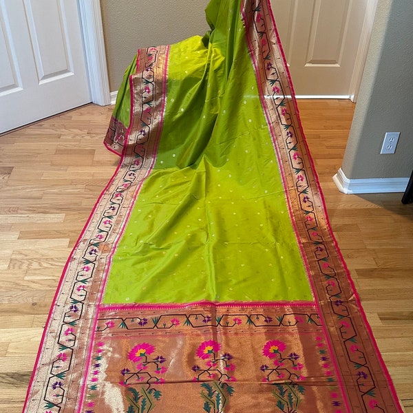 Kanchipuram silk sari in green color with pink boder and stitched blouse sari with paithani pallu ready to ship silk sari from FL ,USA