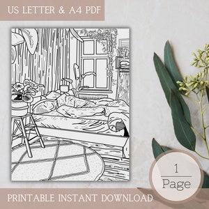 Single Coloring Page for Adults | Cozy modern bedroom | Adult Coloring Pages Printable, PDF, Digital Coloring Book, Instant Download