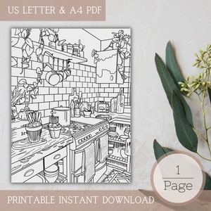 Single Coloring Page for Adults | Rustic Modern Kitchen | Printable, PDF, Digital Coloring Book, Instant Download