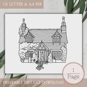 Single Coloring Page for Adults | Nordic Cottage | Printable, PDF, Digital Coloring Book, Instant Download