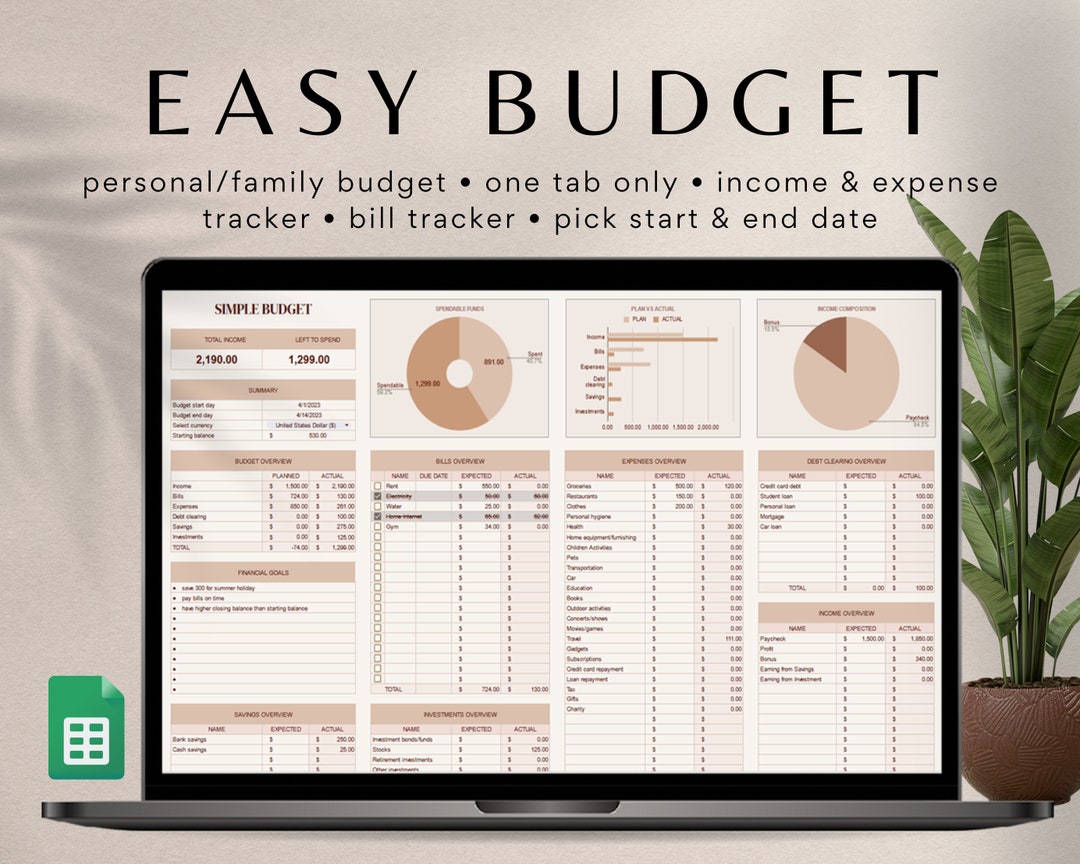 Easy Budget Planner One Page Budget Google Sheets Budget Etsy