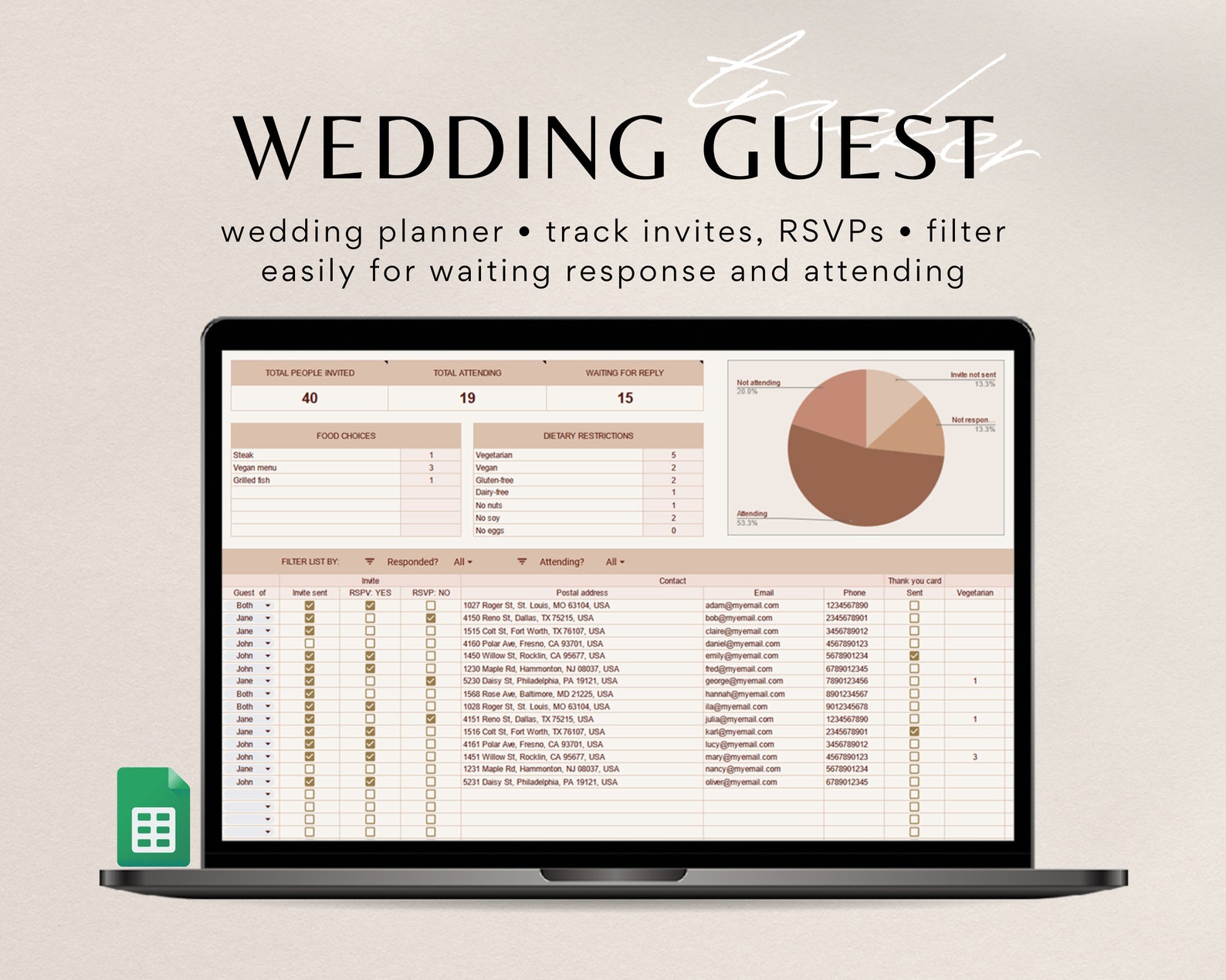 Wedding Guest Tracker for Google Sheets, Wedding Planer, Guest List ...