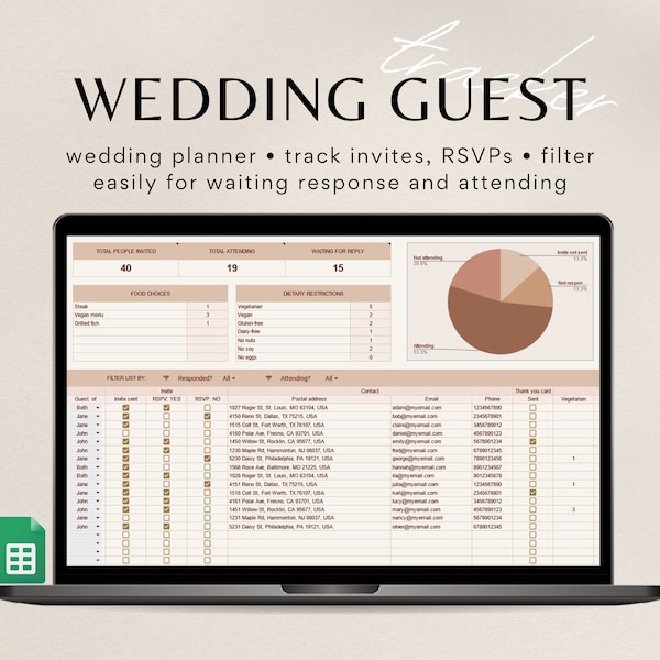 Wedding Guest Tracker for Google Sheets, Wedding Planer, Guest List Template, Wedding Guest List Tracker, RSVP Tracker, Invitation Tracker