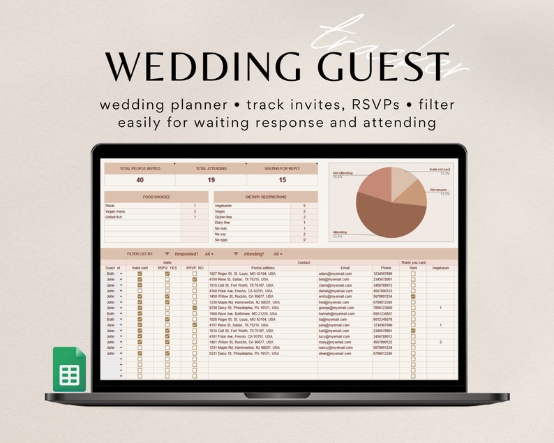 Wedding Guest Tracker for Google Sheets, Wedding Planer, Guest List Template, Wedding Guest List Tracker, RSVP Tracker, Invitation Tracker image 1