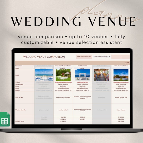 Wedding Venue Comparison Spreadsheet for Google Sheets, Wedding Planner, Wedding Planning, Wedding Venue Selector, Wedding Venue Planner