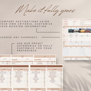 May include: A printable travel planner with a light brown background and the text "Make it fully yours". The planner includes sections for comparing destinations, choosing a currency, and customizing categories.