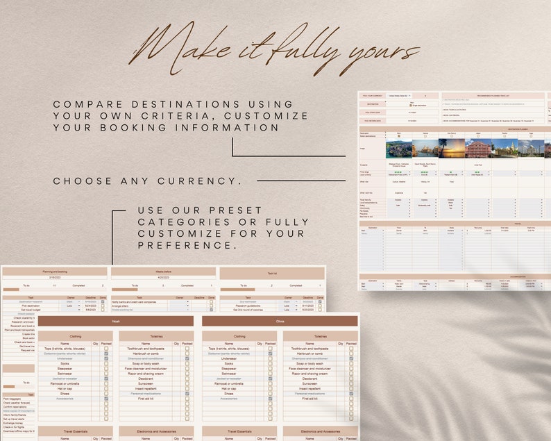 May include: A printable travel planner with a light brown background and the text "Make it fully yours". The planner includes sections for comparing destinations, choosing a currency, and customizing categories.