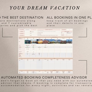 May include: A printable vacation planner with a light brown background and pink text. The planner is divided into sections for finding the best destination, booking all accommodations in one place, and an automated booking completeness advisor. The planner includes a grid with images of different destinations.