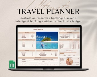 May include: A laptop screen displaying a travel planner spreadsheet with a tropical island scene in the background. The spreadsheet includes sections for trip details, packing lists, to-do lists, upcoming deadlines, booking summary, budget overview, and a pie chart. The text on the screen reads "Ultimate Travel Planner" and "destination research, bookings tracker & intelligent booking assistant, checklist, budget".