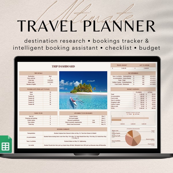 Ultimate Travel Planner, Google Sheets Spreadsheet, Travel Budget, Travel Itinerary, Travel Organizer, Packing List