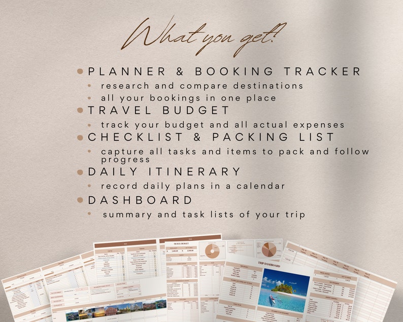 May include: A printable travel planner and organizer with sections for booking tracker, budget, checklist, packing list, daily itinerary, and dashboard. The planner is designed with a minimalist aesthetic and features a brown and white color scheme.