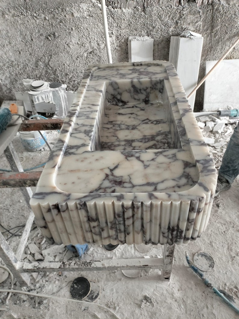 Calacatta Viola Marble Sink, Wall Mounted Marble Sink Vanity, Natural Stone Bathroom Washbasin 画像 6