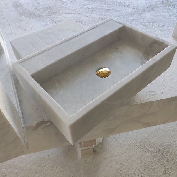 White Marble Sink Basin, Powder Room Marble Vanity, Farmhose Marble Sink