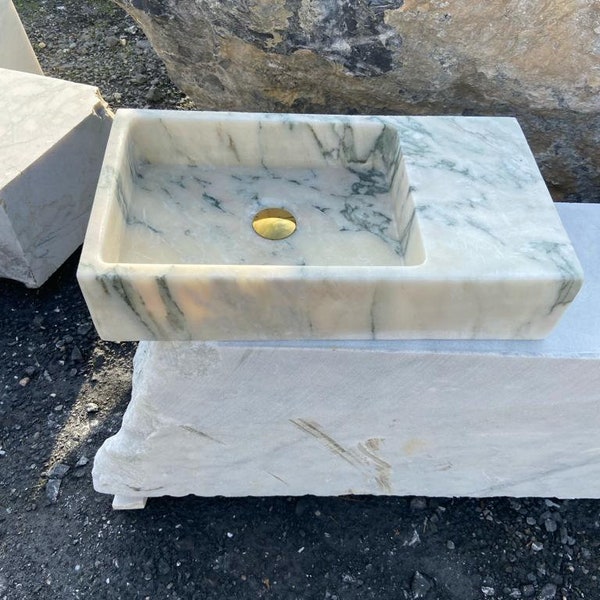 Lavandino in marmo Calacatta Monet piccolo, lavabo in marmo per toilette, lavabo in marmo intagliato a mano