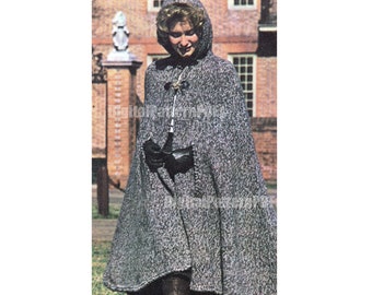 Hooded Cape Knitting Pattern, Long Cape with Hood, Cloak 1970s Digital Pattern PDF