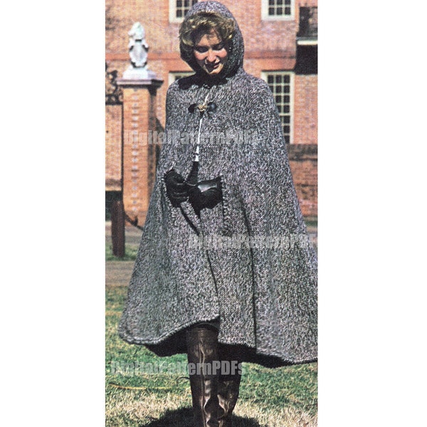 Hooded Cape Knitting Pattern, Long Cape with Hood, Cloak 1970s Digital Pattern PDF