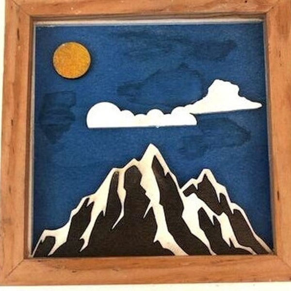 Blue Sky Snowy Mountain, Cloud and Sun Framed Wall Hanging Made from Recycled Barn Wood