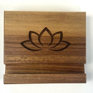 Calming lotus flower walnut hardwood phone, tablet and business card stand by Studio 5 Designs