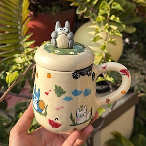 Handmade Ceramic Totoro tall Mug with lid: 3D Anime Cup