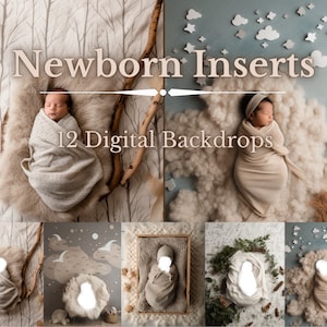 以下が含まれることがあります： 新生児の写真撮影に最適な、さまざまな質感と色合いの12種類のデジタル背景。ふわふわの白い雲の背景、素朴な木の背景、緑の葉の背景などがあります。これらの背景は、ユニークで思い出に残る新生児の写真を作成するのに最適です。