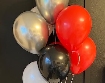 Balloon Bouquet, 11" Red and Black Balloons, Race Car Party, Birthday Party Balloons, Birthday Decor, Red, Black, White, Chrome Silver