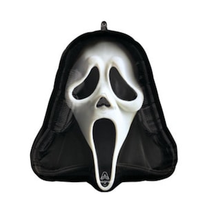May include: A white Scream mask with a black hood. The mask has large eye and mouth openings, and a distorted, screaming expression. The mask is a Halloween decoration.