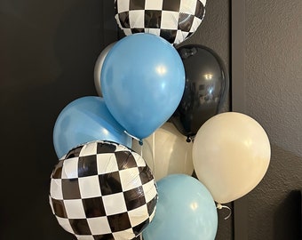 Race Car Balloon Bouquet: Checkered Mylar, Blue, Black, and Silver