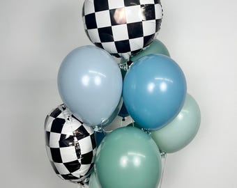 Boho Race Car Balloon Bouquet: Checkered Mylar & Latex Party Decor