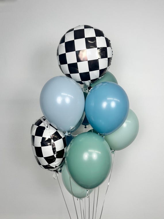 Boho Race Car Balloon Bouquet: Checkered Mylar & Latex Party Decor