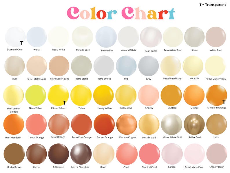 May include: A color chart featuring rows of circular color swatches with labels underneath each. The title reads Color Chart in multi-colored letters at the top. Some circles are marked with a T to indicate transparency for various shades.