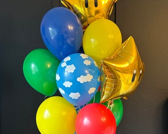 Balloon Bouquet, 11" Mario Themed Balloons, Video Game Birthday, Mario Birthday, Birthday Party Balloon, Cloud Balloos Gold Star Balloons