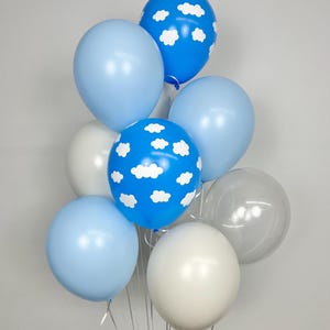 May include: A bouquet of balloons in shades of blue, white, and gray. Some balloons are solid colors, while others feature a pattern of white clouds on a blue background. Silver ribbons are attached.