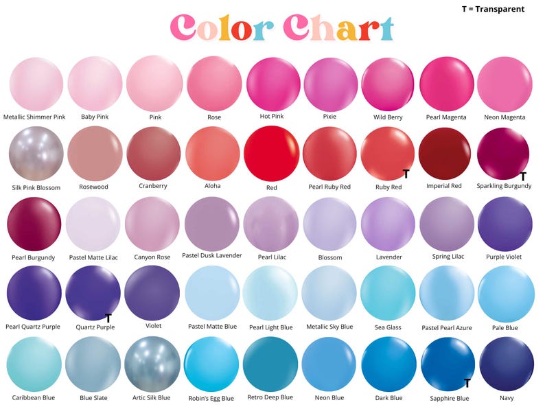 Puede incluir: Una carta de colores con una variedad de colores, incluyendo rosas, rojos, morados, azules y neutros. Cada color se muestra en un c&iacute;rculo con su nombre debajo. El texto "Color Chart" est&aacute; en la parte superior.