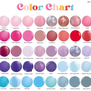 May include: A color chart featuring a grid of circular swatches in various shades of pink, red, purple, and blue. Each circle is labeled with its corresponding color name, including options like Pastel Dusk Rose, Merlot, and Caribbean Blue.