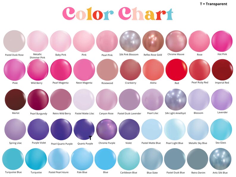 May include: A color chart featuring a grid of circular swatches in various shades of pink, red, purple, and blue. Each circle is labeled with its corresponding color name, including options like Pastel Dusk Rose, Merlot, and Caribbean Blue.