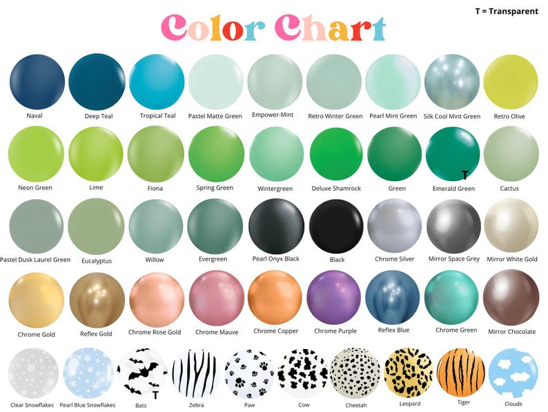 Puede incluir: Una carta de colores con una variedad de colores y patrones. La carta incluye colores s&oacute;lidos como Naval, Deep Teal y Neon Green, as&iacute; como patrones como Zebra, Paw y Cheetah. El texto "Color Chart" est&aacute; en la parte superior.
