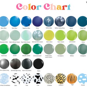 May include: A color chart featuring rows of circular swatches in various shades of blue, green, black, silver, and gray, along with patterned circles including animal prints, snowflakes, and clouds. The text Color Chart is at the top.