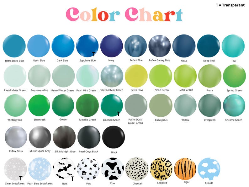 May include: A color chart featuring rows of circular swatches in various shades of blue, green, black, silver, and gray, along with patterned circles including animal prints, snowflakes, and clouds. The text Color Chart is at the top.