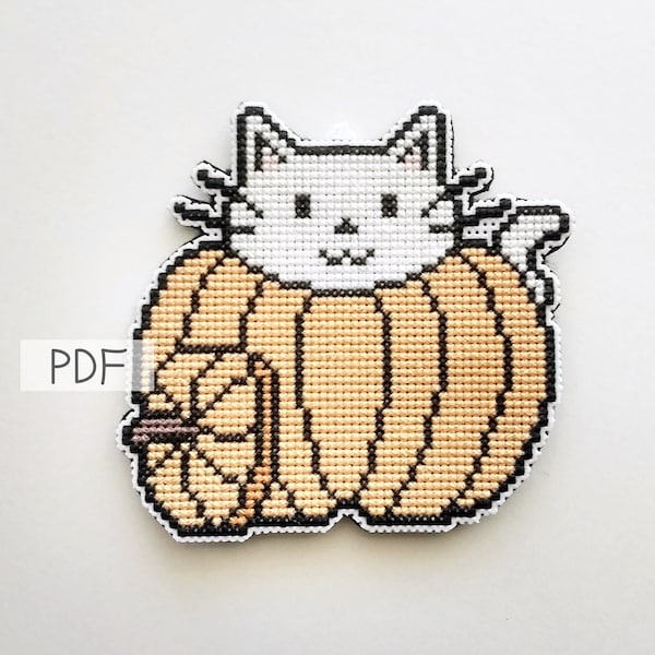 Cat in pumpkin - Digital Cross Stitch Pattern - Cute, Halloween, Easy, Embroidery, Punto de cruz - Instant Pdf Download