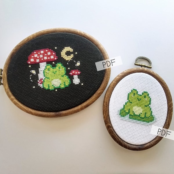 Cute Frog and Frog in nature - Digital Cross Stitch Pattern - Cute, Easy, Small, Frog, Embroidery, Punto de cruz - Instant Pdf Download