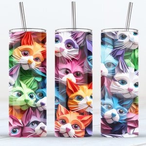 3d_paper_cats_1, 20 oz, Skinny Tumbler, Sublimation Design, Tumbler Wrap PNG, Gifts, Wholesale, Decal, Wrap, Seamless, Straight and Tapered